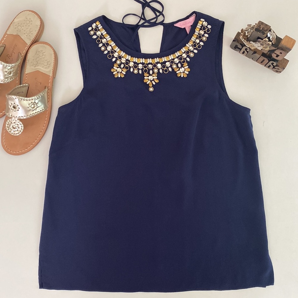 🌴LILLY PULITZER ‘Havana’ Embellished Silk Top in Navy - Picture 1 of 10